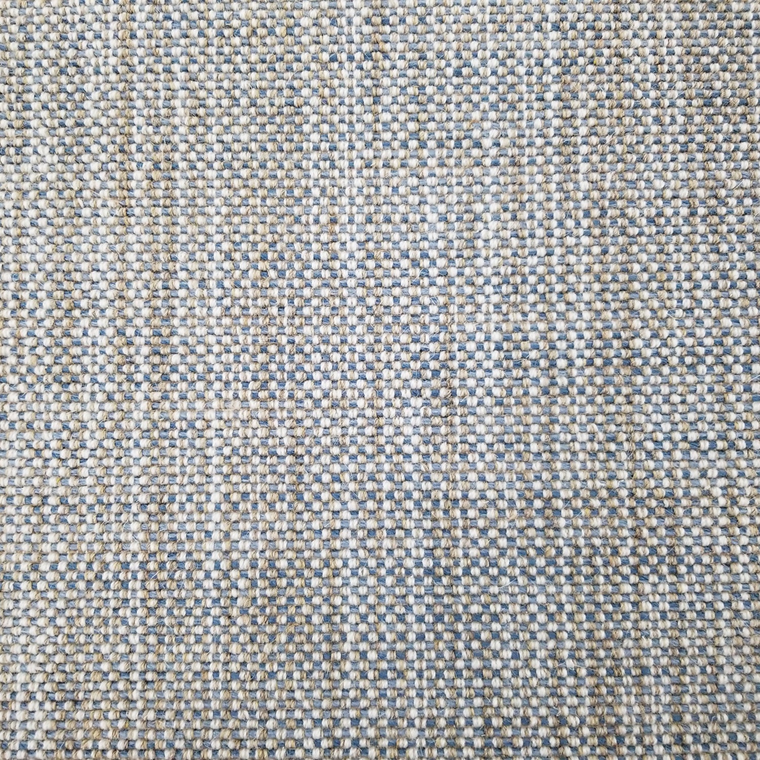 Wool broadloom carpet swatch in a checked woven pattern in blue, cream and tan.