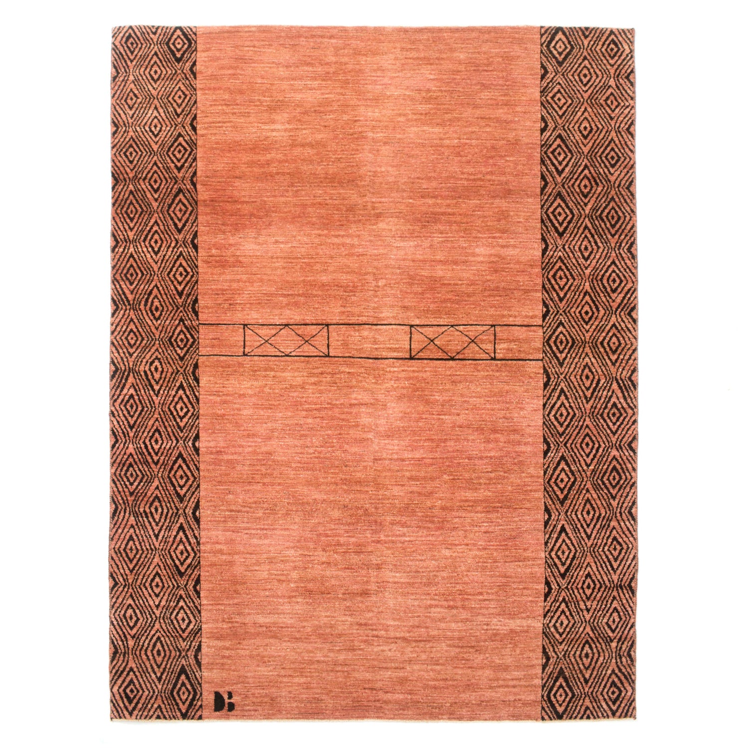 Rectangular high-pile rug in a dusty red with borders of a dense interlocking diamond pattern in black.