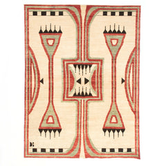 Rectangular woven rug with a large-scale tribal geometric pattern in shades of red, sage and black on a cream field.