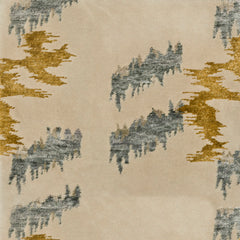 Detail of Stepping Stones rug featuring an organic jagged linear design in silver and gold on an ivory ground