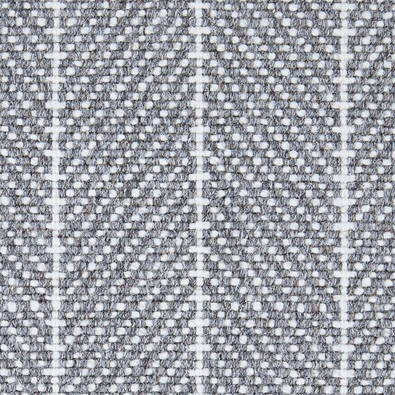 Wool broadloom carpet swatch in a woven chevron pattern in gray and white with white accent stripes.