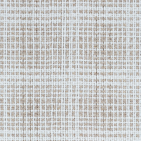 Wool broadloom carpet swatch in a woven plaid pattern in cream and tan.