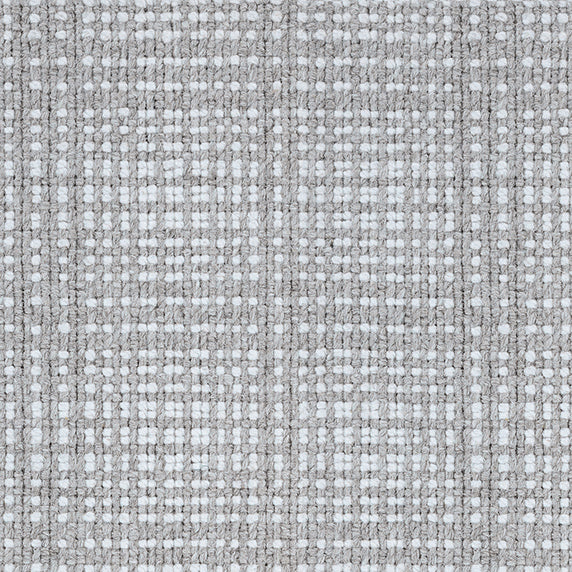 Wool broadloom carpet swatch in a woven plaid pattern in gray and silver.