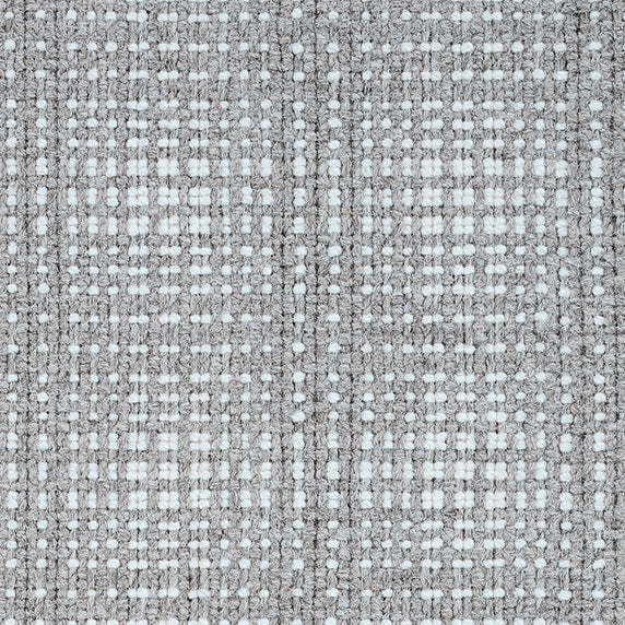 Wool broadloom carpet swatch in a woven plaid pattern in charcoal and silver.