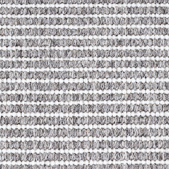 Wool broadloom carpet swatch in a striped white and silver weave pattern.