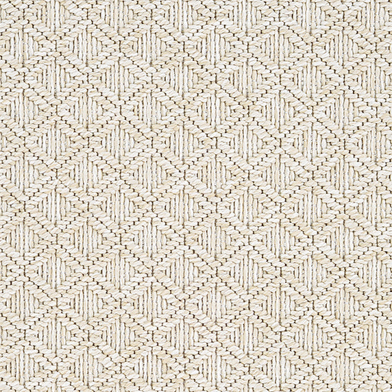 Outdoor broadloom carpet swatch in a woven diamond grid print in cream.