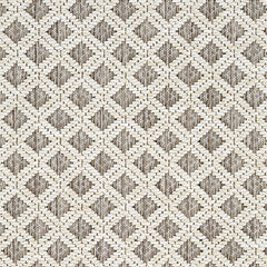 Outdoor broadloom carpet swatch in a woven diamond grid print in cream and brown.