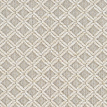 Outdoor broadloom carpet swatch in a woven diamond grid print in cream and tan.
