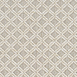 Outdoor broadloom carpet swatch in a woven diamond grid print in cream and tan.