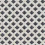 Outdoor broadloom carpet swatch in a woven diamond grid print in cream and charcoal.