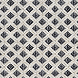 Outdoor broadloom carpet swatch in a woven diamond grid print in cream and charcoal.
