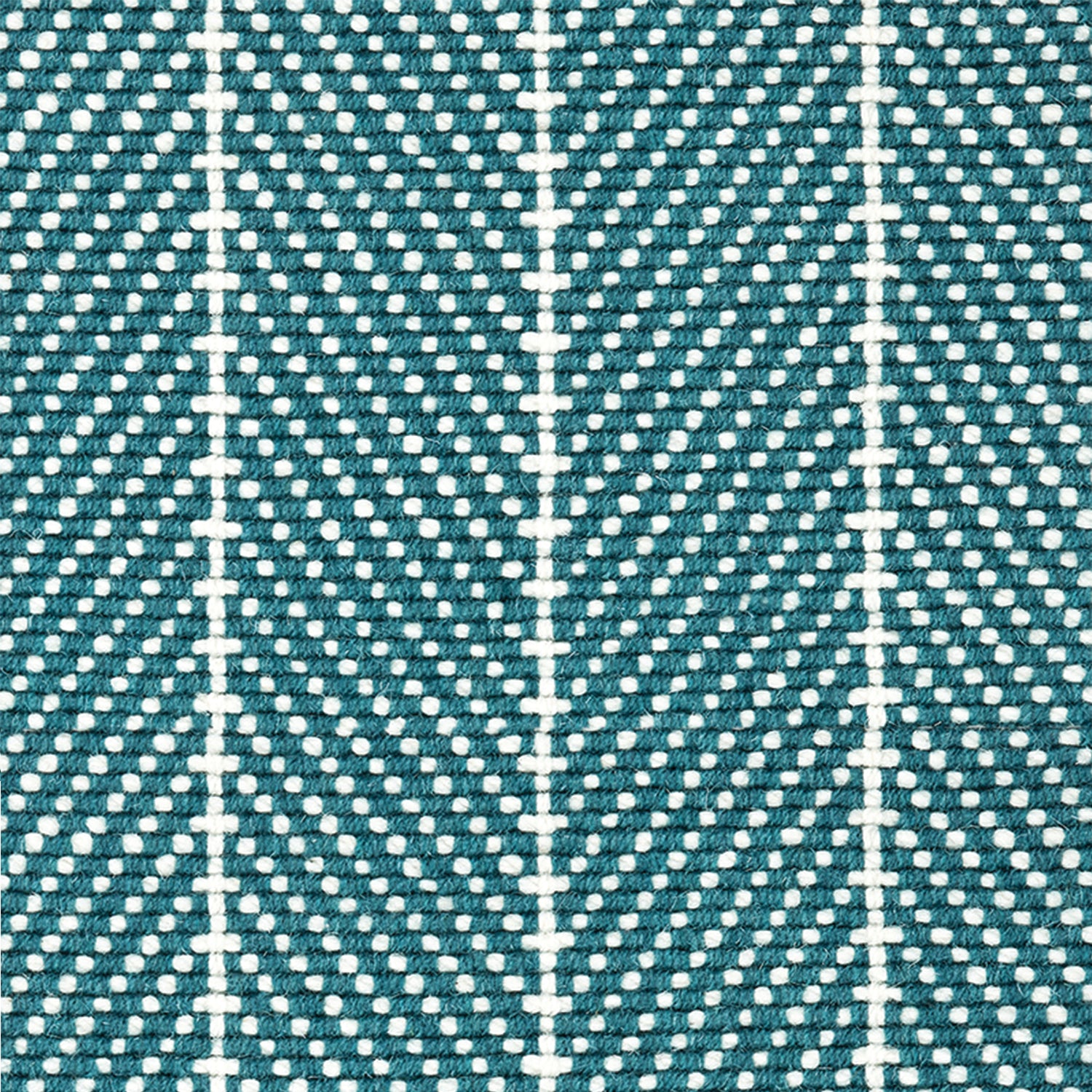 Wool broadloom carpet swatch in a herringbone stripe in cyan and cream.