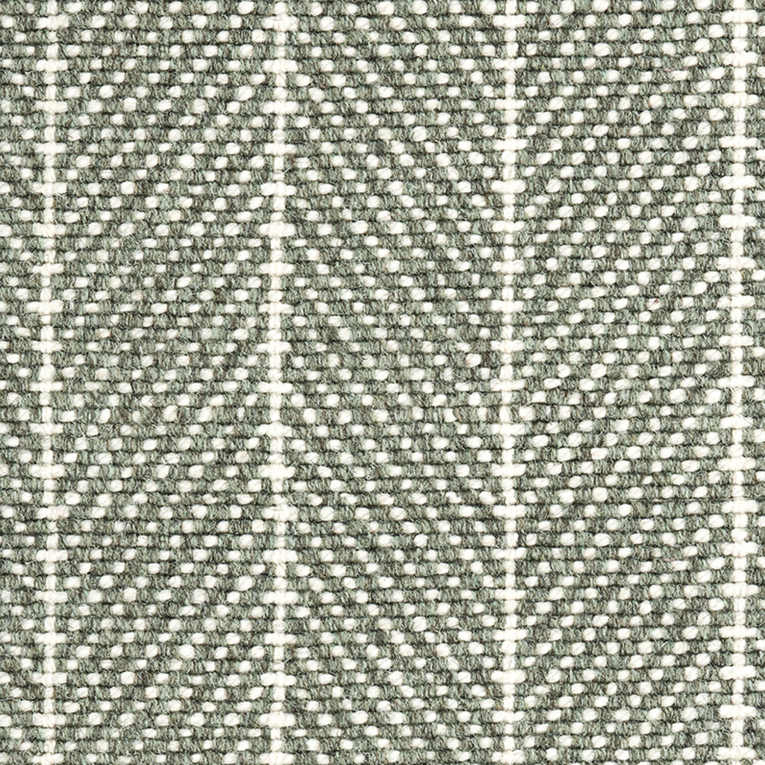 Wool broadloom carpet swatch in a herringbone stripe in olive and cream.
