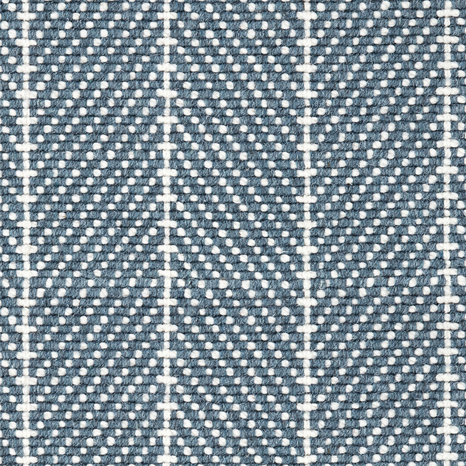 Wool broadloom carpet swatch in a herringbone stripe in gray-blue and white.