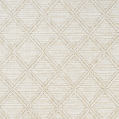 Outdoor broadloom carpet swatch in a geometric diamond weave in beige.