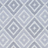 Wool broadloom carpet swatch in a geometric diamond weave in gray-blue and white.