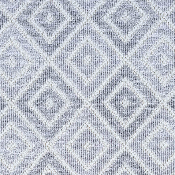 Wool broadloom carpet swatch in a geometric diamond weave in gray-blue and white.