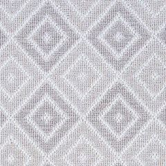 Wool broadloom carpet swatch in a geometric diamond weave in gray and white.