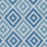 Wool broadloom carpet swatch in a geometric diamond weave in multicolor turquoise, blue and white.