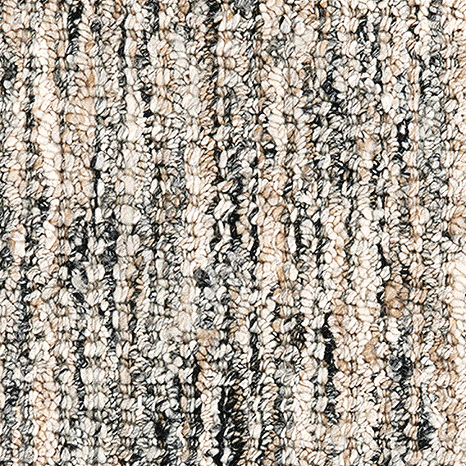 Wool-polyester broadloom carpet swatch in a multicolor cream, tan and charcoal.