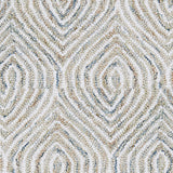 Wool broadloom carpet swatch in a painterly diamond pattern in white, tan and blue.