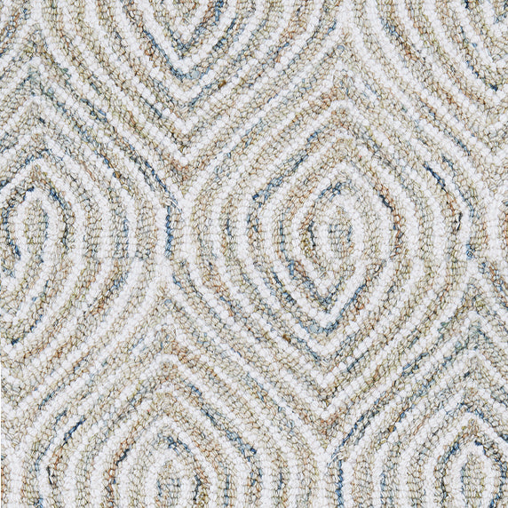 Wool broadloom carpet swatch in a painterly diamond pattern in white, tan and blue.