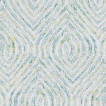 Wool broadloom carpet swatch in a painterly diamond pattern in white, light green and blue.