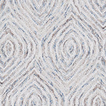 Wool broadloom carpet swatch in a painterly diamond pattern in cream, blue and brown.