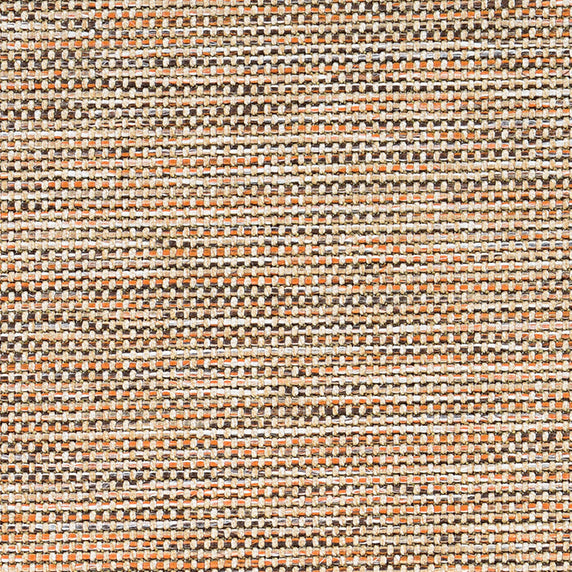 Outdoor broadloom carpet swatch in a mottled stripe weave in shades of tan, brown and dusty orange.