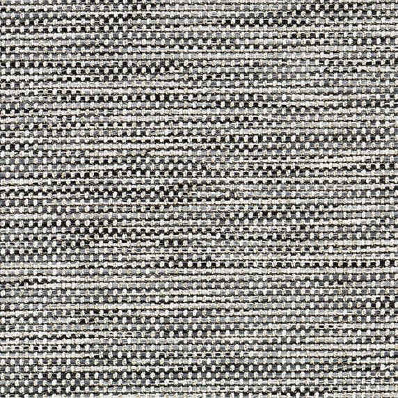 Outdoor broadloom carpet swatch in a mottled stripe weave in shades of white, gray and charcoal.