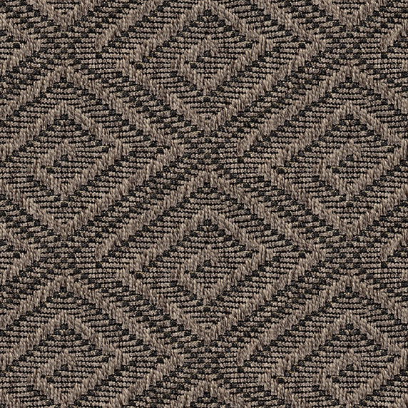 Outdoor broadloom carpet swatch in a geometric diamond print in gray and charcoal.