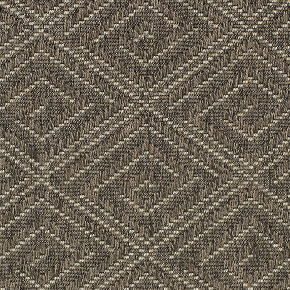 Outdoor broadloom carpet swatch in a geometric diamond print in dark brown.
