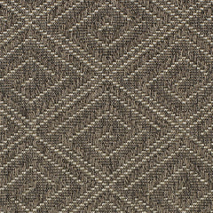Outdoor broadloom carpet swatch in a geometric diamond print in dark brown.