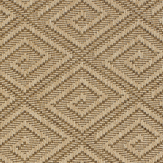 Outdoor broadloom carpet swatch in a geometric diamond print in beige and brown.