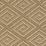 Outdoor broadloom carpet swatch in a geometric diamond print in beige and brown.