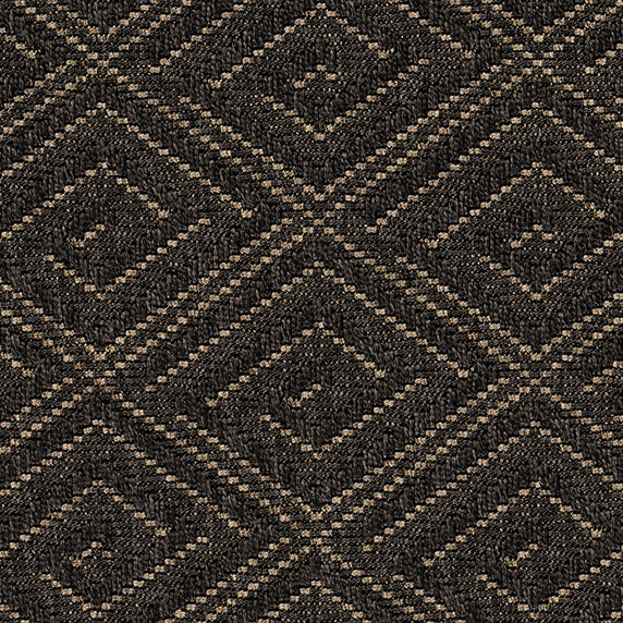 Outdoor broadloom carpet swatch in a geometric diamond print in charcoal and brown.