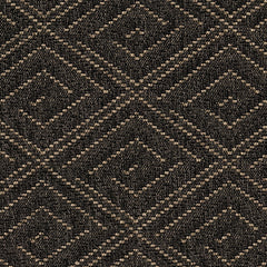 Outdoor broadloom carpet swatch in a geometric diamond print in charcoal and brown.