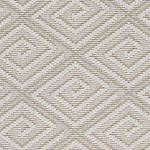 Outdoor broadloom carpet swatch in a geometric diamond print in cream.