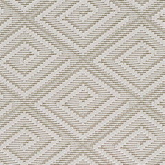 Outdoor broadloom carpet swatch in a geometric diamond print in cream.