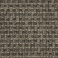 Outdoor broadloom carpet swatch in a textured stripe in dark brown and cream.