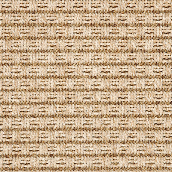 Outdoor broadloom carpet swatch in a textured stripe in tan and cream.