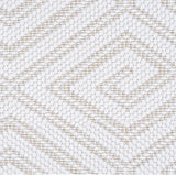 Wool broadloom carpet swatch in a geometric diamond weave in white with tan accents.