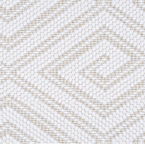 Wool broadloom carpet swatch in a geometric diamond weave in white with tan accents.