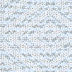 Wool broadloom carpet swatch in a geometric diamond weave in cream with light blue accents.