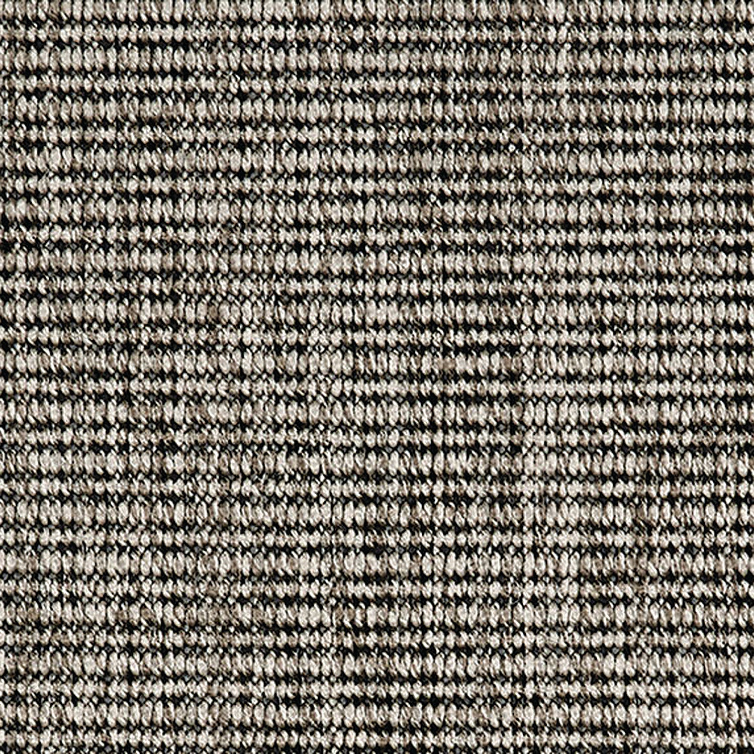 Outdoor broadloom carpet swatch in a textured stripe weave in tan and charcoal.
