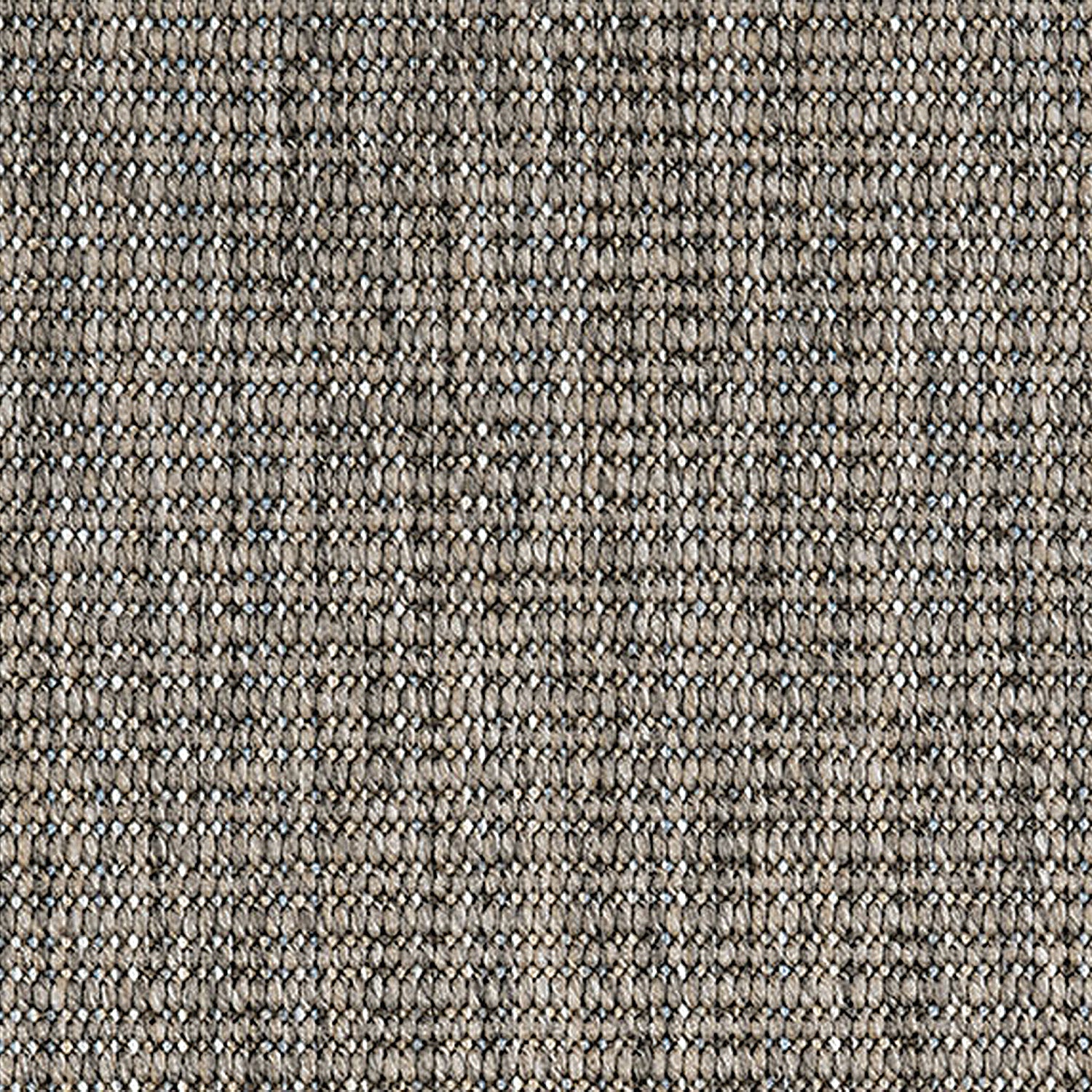 Outdoor broadloom carpet swatch in a textured stripe weave in tan and brown.