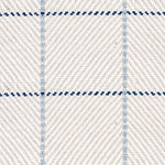 Outdoor broadloom carpet swatch in a plaid weave in shades of white, cream, blue and navy.