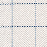 Outdoor broadloom carpet swatch in a plaid weave in shades of white, cream, blue and navy.