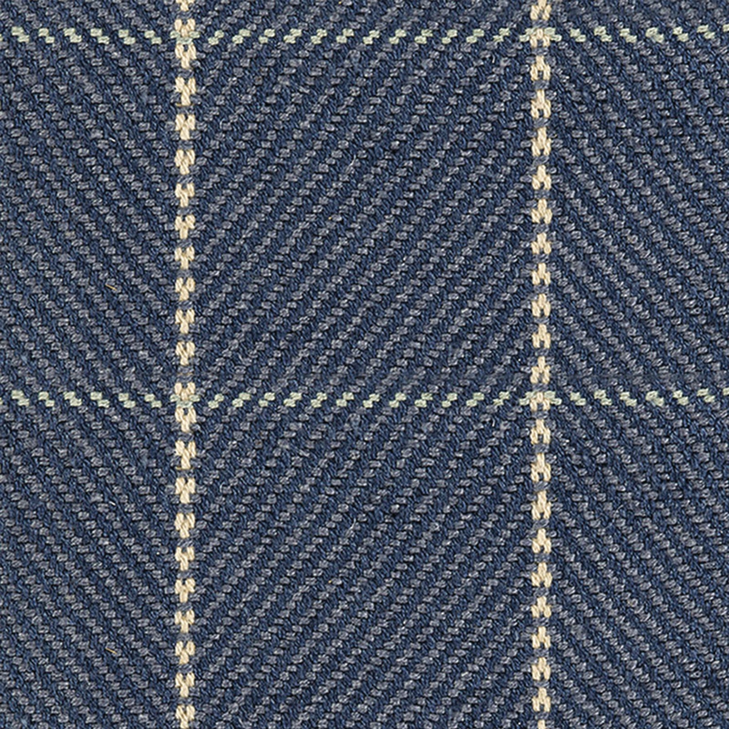 Outdoor broadloom carpet swatch in a plaid weave in shades of cream, blue and navy.