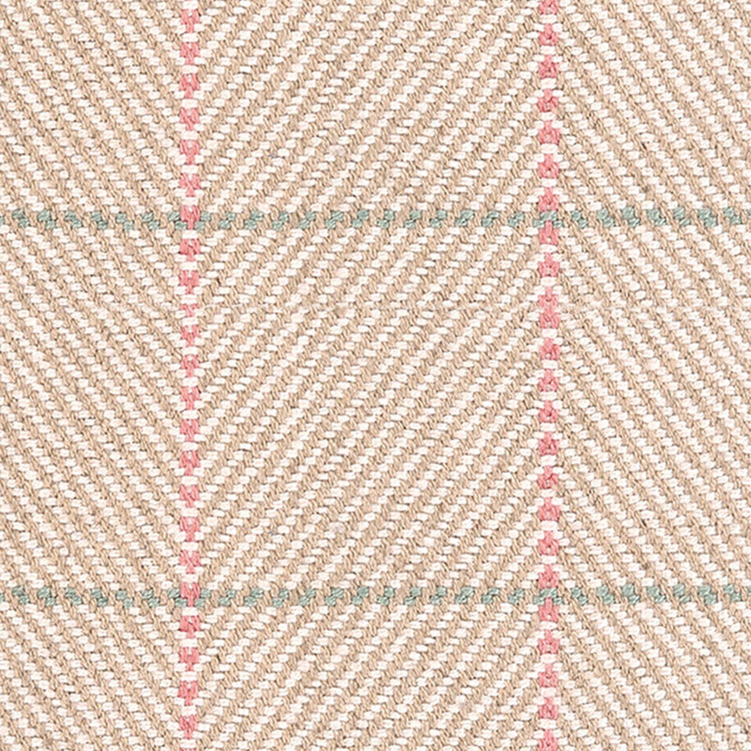 Outdoor broadloom carpet swatch in a plaid weave in shades of white, tan, pink and sage.